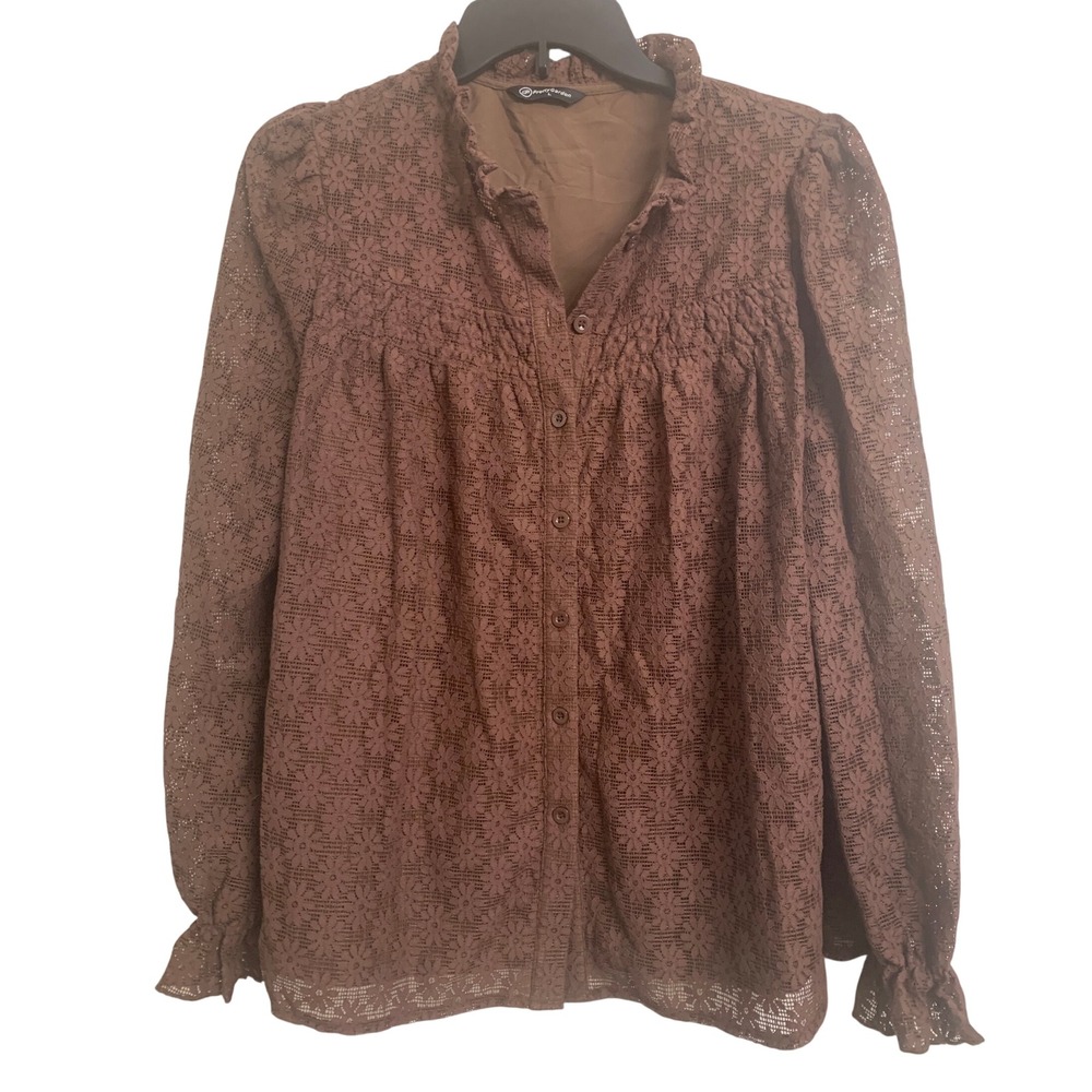 PrettyGarden Boho Lace Ruffle Collar Button Down Blouse Long Sleeve Top Large
